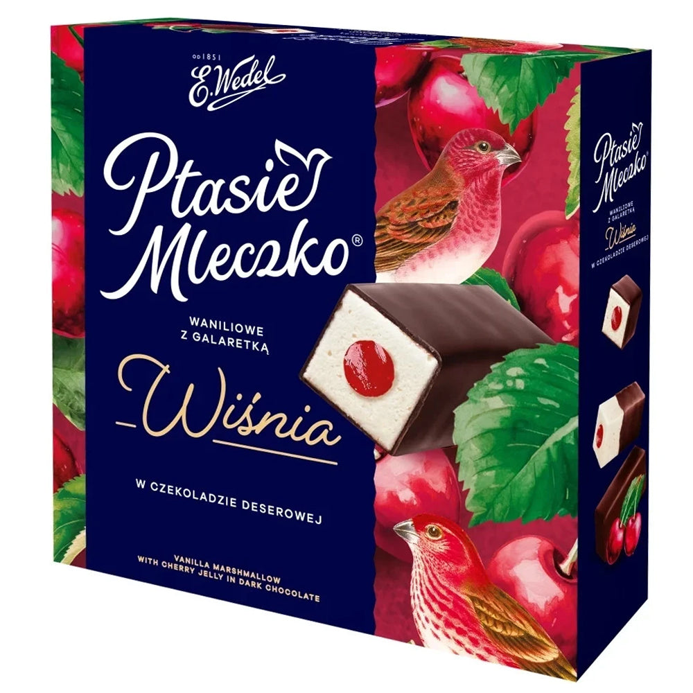 Glazed Vanilla Souffle Candies with Cherry Jelly "PTASIE MLECZKO", Wedel, 340g/ 11.99 oz