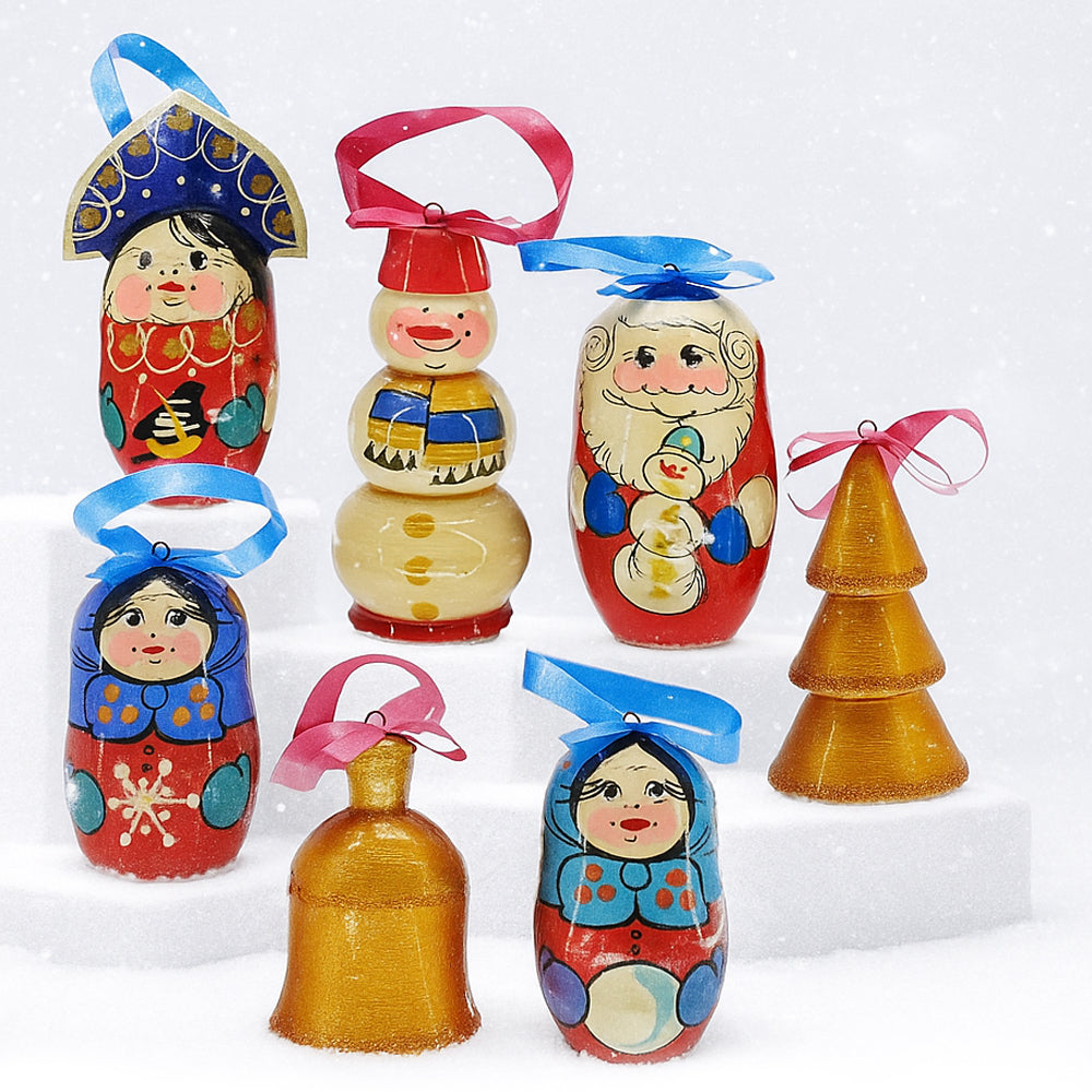 Christmas Tree Decoration No. 9 WINTER CHARACTERS GOLD Set of 7 Wooden Toys