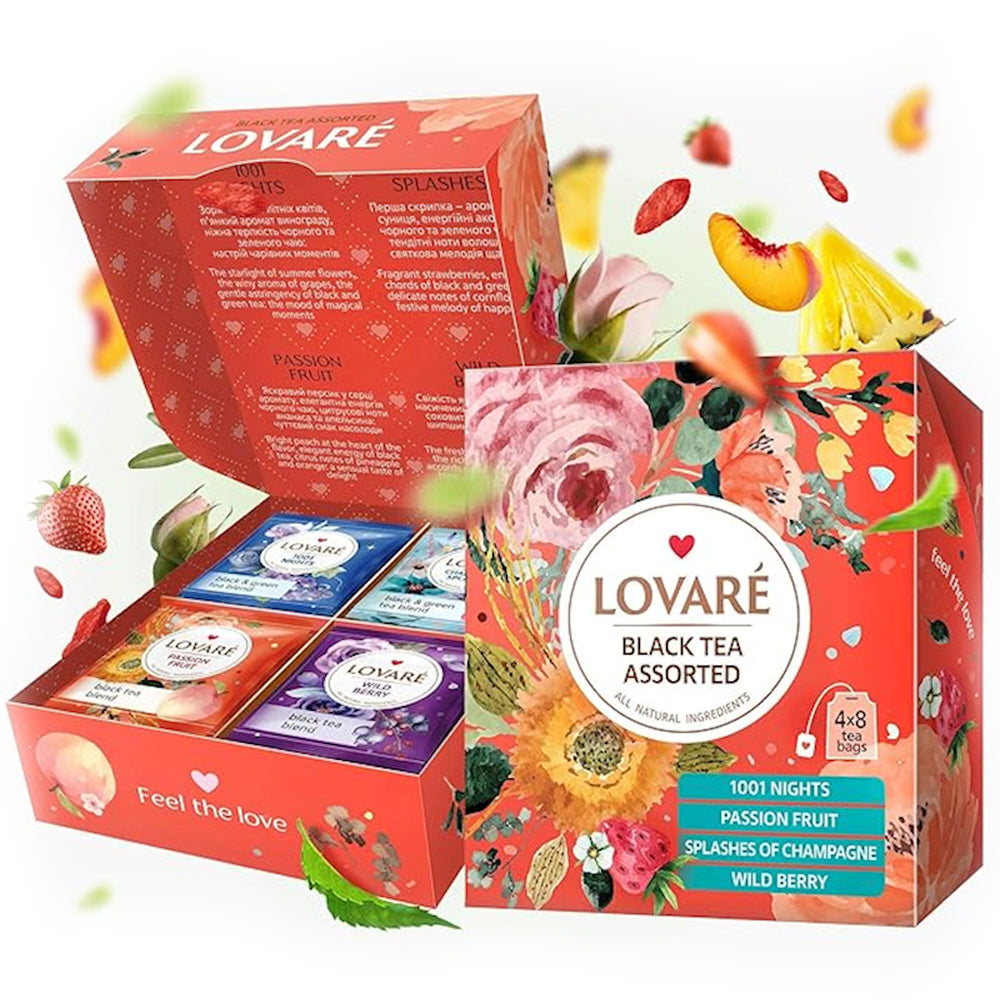 Gift Pack Assorted Green & Black Tea of 4 Flavors, Lovare, 32 sachets