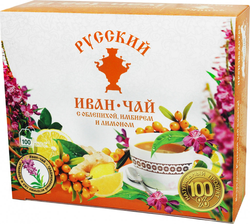 Russian Fireweed Ivan-Tea w/Sea Buckthorn, Ginger and Lemon, 100 tea bags with a label, 150 g/ 0.33 lb