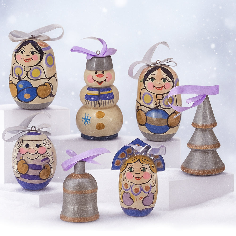 Christmas Tree Decoration No. 7 WINTER CHARACTERS SILVER Set of 7 Wooden Toys