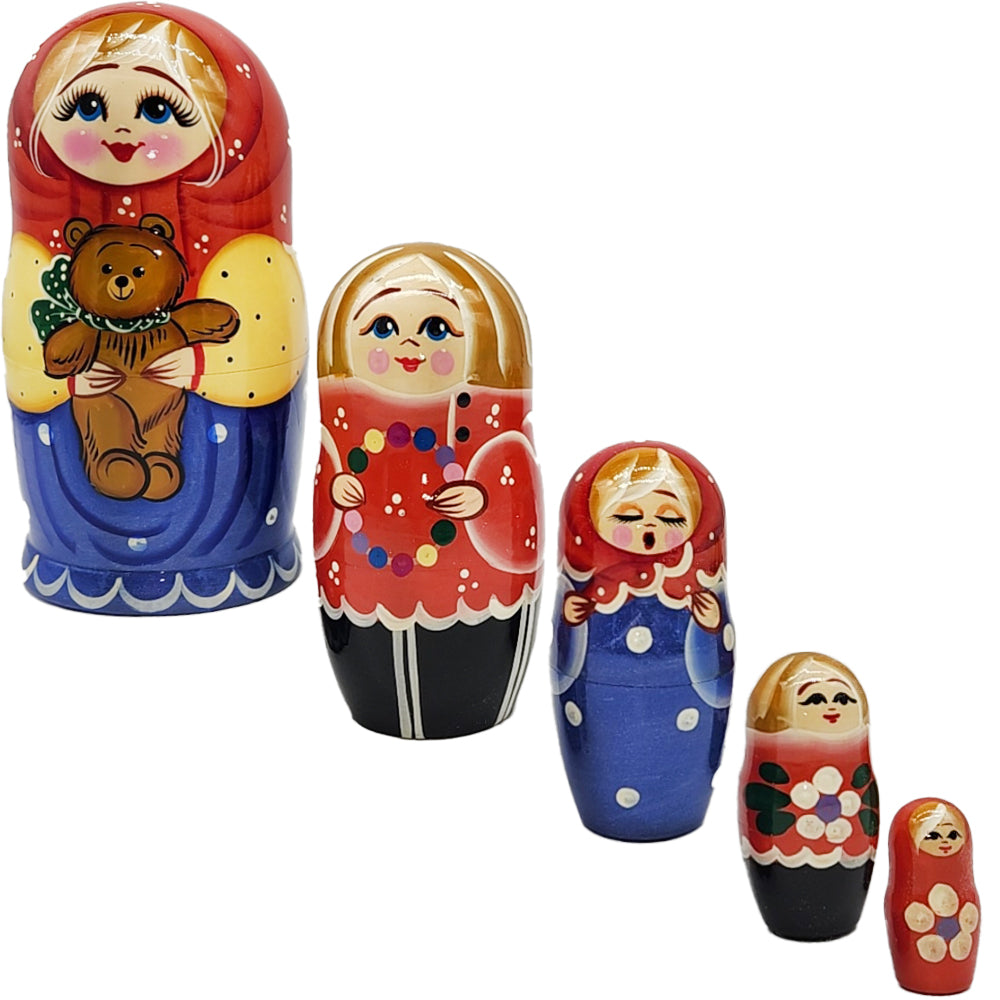 Matryoshka Alenka with Mishka, h=17cm, 5 Elements