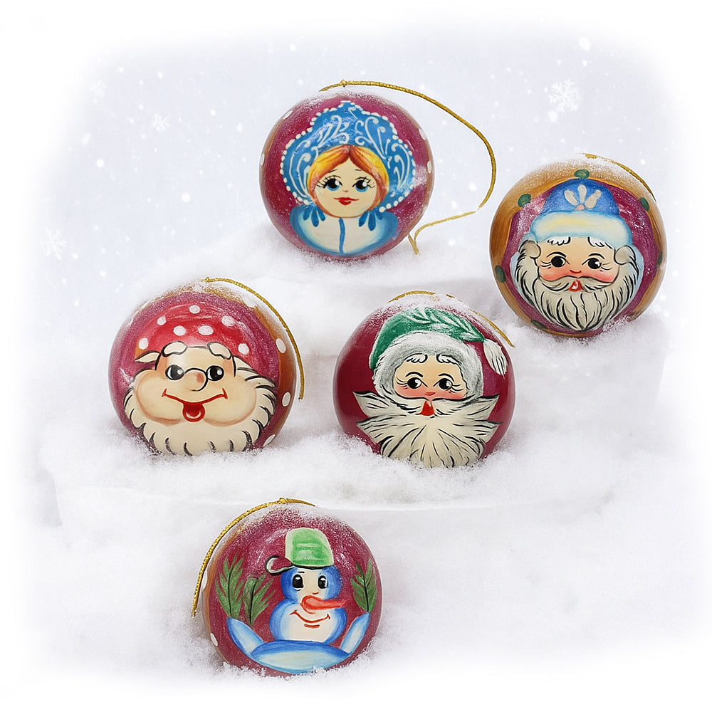 Set of Christmas Decorations Wooden Balls "Friends of Ded Moroz", Hand-Painted, 5 pcs