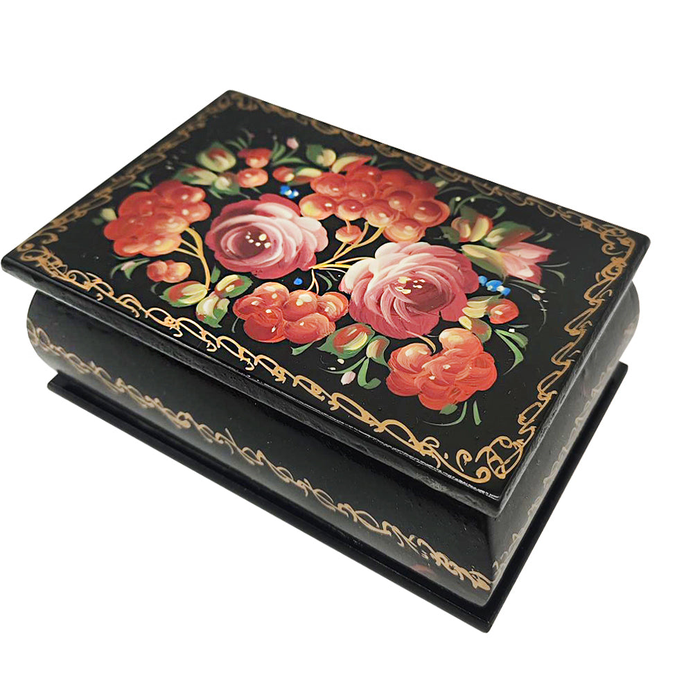 Lacquered Jewelry Box, "Zhostovo Classic Flowersâ N5, 3.5x2.5x1.5''