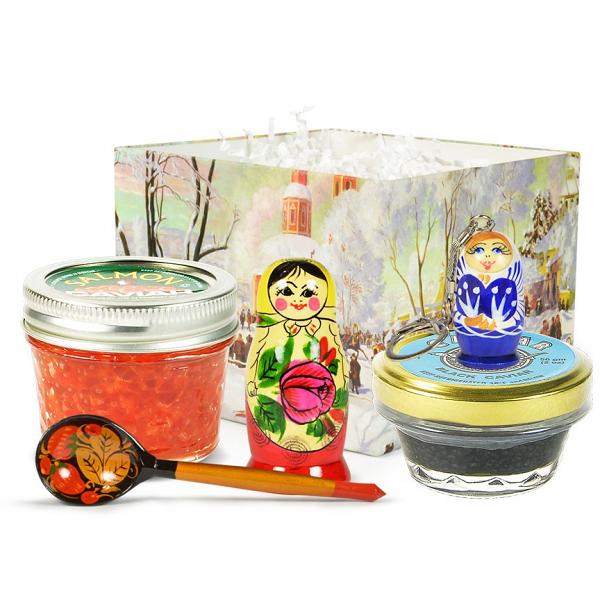 Russian Traditional Gourmet Gift Set with Black & Red Caviar "Russian Gift" (small box)