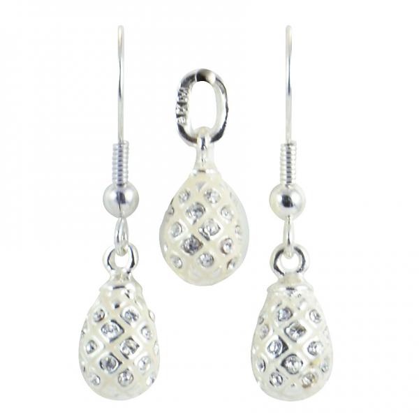 Russian Style Pendant and Earrings Jewelry Set "Pine Cone with Rhinestones" (white), 1220-39-04