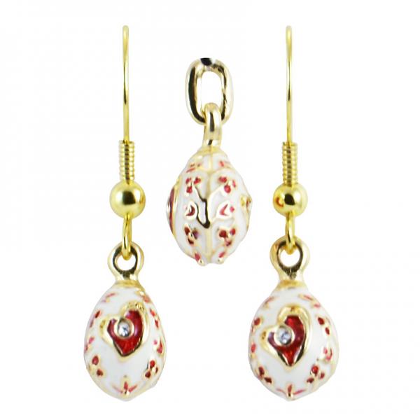 Russian Style Pendant and Earrings Jewelry Set "Heart" (white and red), 1220-49-04