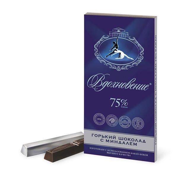 Vdohnovenie "Elite" Dark Chocolate 75% with Almond, 3.52 oz / 100 g